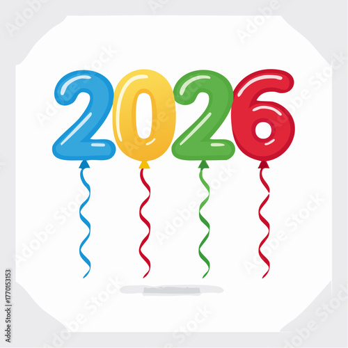 Colorful balloons forming the year 2026, each with a different hue and a trailing ribbon, set against a white background.