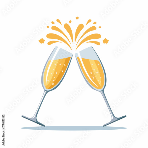 Two champagne flutes clinking together with golden bubbles and starbursts, celebrating a special occasion.