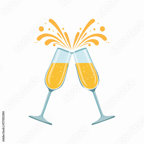 Two champagne flutes toasting with sparkling liquid and celebratory splash on a white background.
