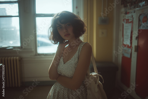 Retro-Style Portrait of a Beautiful Woman in a Room Looking at Camera