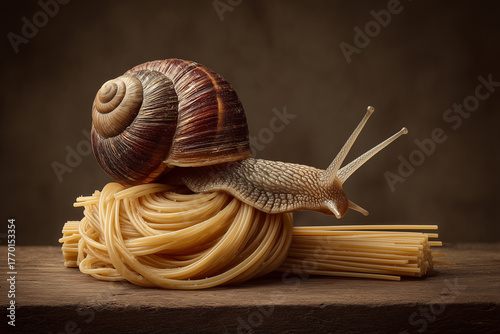 Macro Photograph of a Snail on a Bunch of Spaghetti