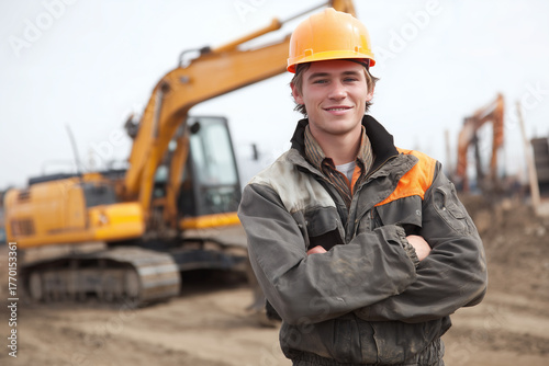 Construction Worker Posing with Arms Crossed Looking at Camera with Excavator in the Background