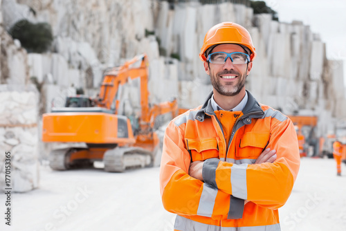 Construction Worker Posing with Arms Crossed Looking at Camera with Excavator in the Background