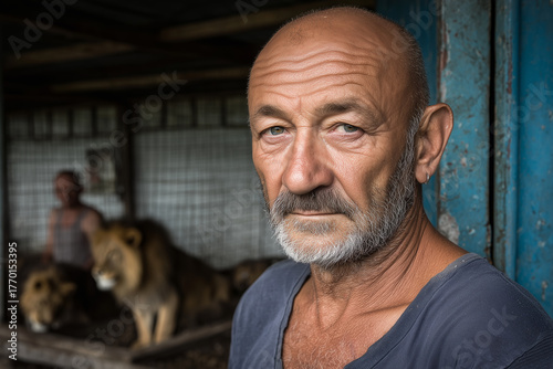 Old Retired Lion Tamer Looking at Camera with Circus Animals in the Background