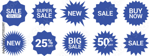 Blue sale stickers, price tags, starbursts, quality marks. Starburst sunburst badges. Design elements discount tags, price stickers, shopping labels