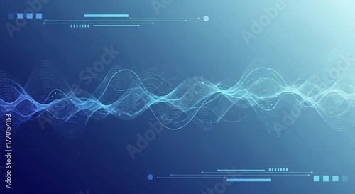 Abstract blue background with dynamic wavy lines and futuristic digital interface elements, representing data flow or sound waves.