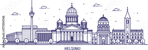 Helsinki Skyline Sketch with Cultural Touch Featuring Helsinki Cathedral, Uspenski Cathedral, and Finlandia Hall for Travel and Tourism Promotion