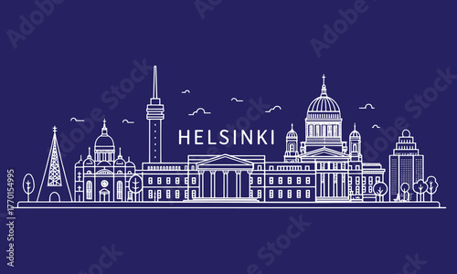 Helsinki Skyline Sketch with Cultural Touch Featuring Helsinki Cathedral, Uspenski Cathedral, and Finlandia Hall for Travel and Tourism Promotion