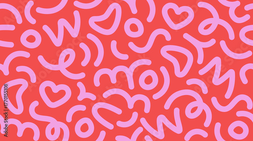 Doodle style pattern with geometric lines. Abstract modern style background, seamless texture design. Curls and swirls, playful shapes, dynamic repeating print for textile. Flat vector illustration