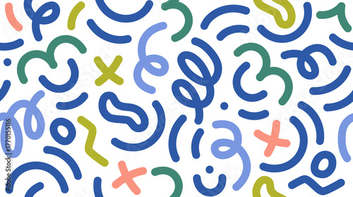 Abstract lines pattern. Seamless doodle shapes, curved elements. Endless texture, background with dynamic flowing squiggly geometric waves, modern design. Playful colored flat vector illustration