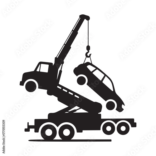 Silhouette Heavy Duty Tow Truck Crane Lifts Stranded Car High Above The Road. 