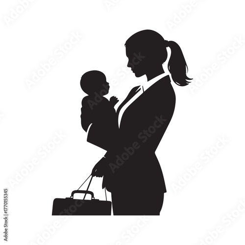 Silhouette illustration of a woman in a business suit with her hair in a ponytail, holding a baby. 