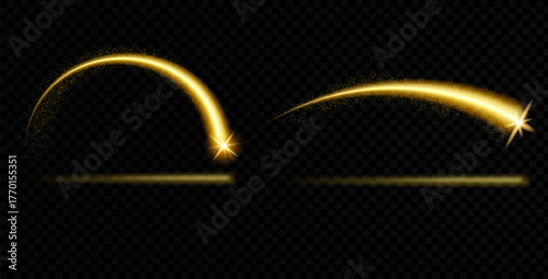 Magic shooting star with an arc and light trail set. Gold stardust sparkle, meteor arch. Flare shine light texture. Vector illustration effect by shine curve line on a night transparent background.