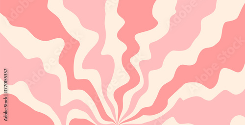 Pink liquid candy rays pattern. Cream texture starburst background. Retro groovy sun rays backdrop. Abstract girly illustration. Vector wavy dynamic lines decoration. Carnival stripes vintage design.