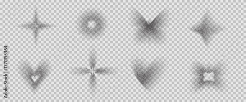 Grain gradient y2k shapes icons. Grainy noise sparkle, flower, butterfly signs set. Simple heart, circle and stars figures. Vector spray gradation figures isolated on transparent background.