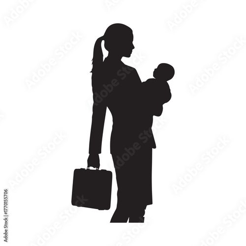 Silhouette illustration of a woman in a business suit with her hair in a ponytail, holding a baby. 