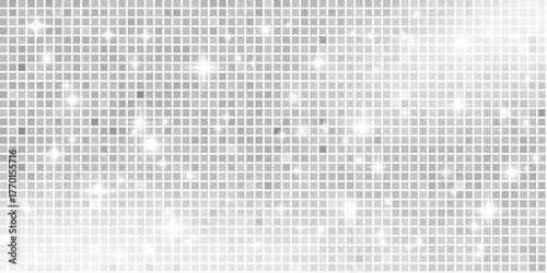 Silver glittering disco ball background. Christmas mirror backdrop with sequin mosaic and white sparkle pattern. Shine grey grid texture festive party decoration. Vector illustration.