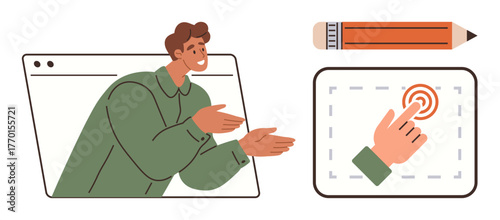Man leaning out of browser window, gesturing with hands. Pencil and hand tapping button next to it. Ideal for communication, tutorials, creativity, technology, education, interaction user