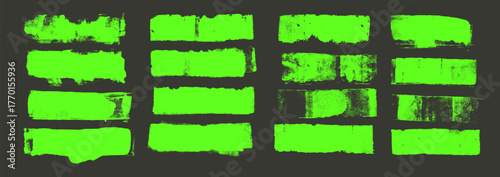 Green neon colors textured brush stroke thick lines. Black ink hand drawn shapes for highlight and text boxes. Bright lime green marker underline quotation. Promotion badges vector straight stripes.