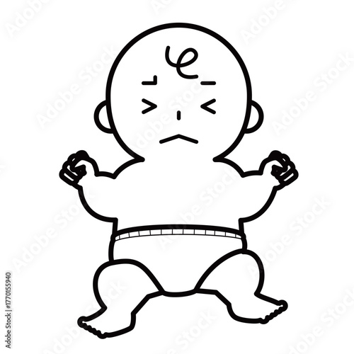 泣きそうなおむつ姿の赤ちゃん
