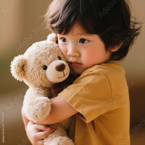 Child hugging soft bear with a calm expression indoors  