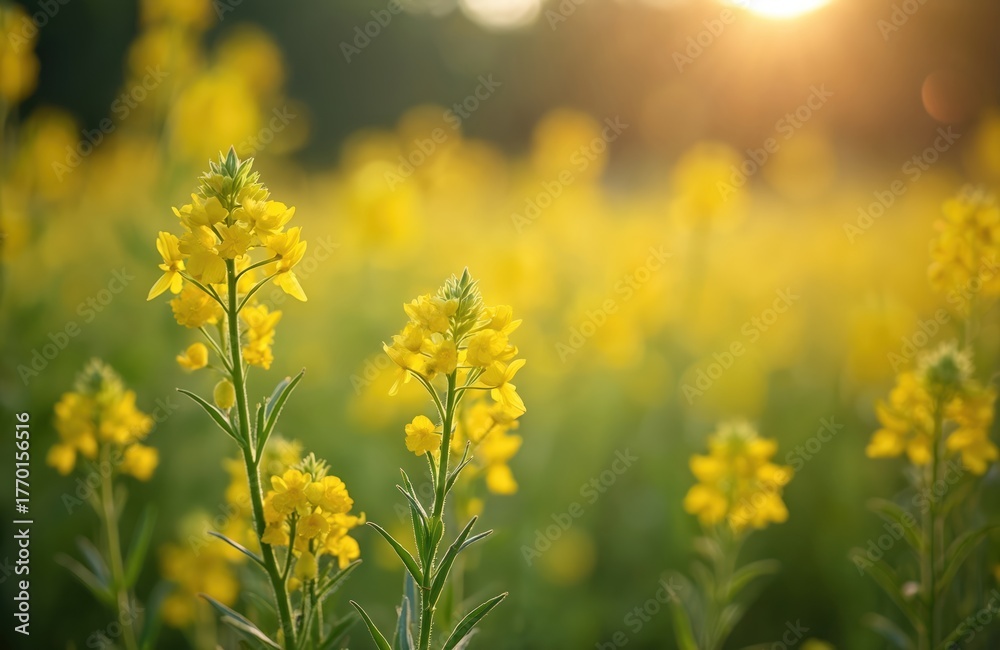Obraz premium Yellow sweet clover flowers bloom in vast green field. Golden sun light shines on numerous wild plants. Creates bright meadow scene. Fresh green stems hold vibrant blossoms. Spring summer beauty