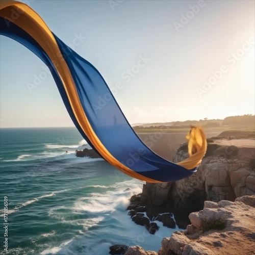Scarf flying in wind above rocky coastline with ocean background  