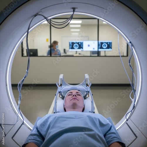 Person in MRI machine undergoing medical examination in clinic  