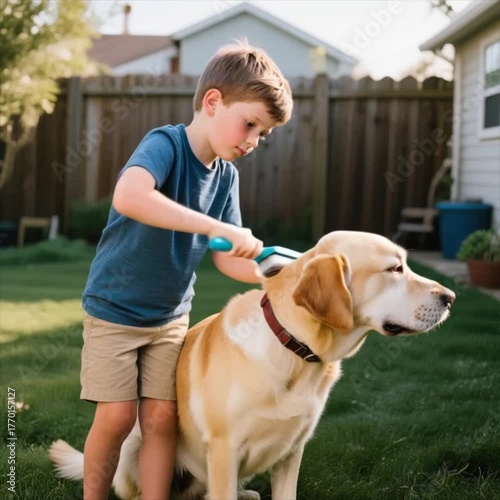 Boy brushing dog in backyard on sunny day with green grass  