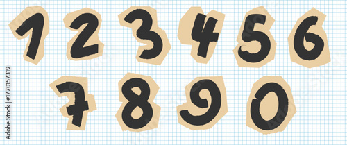 A scrapbooking collection featuring vector numbers drawn with crayon. Hand-drawn numbers. Marker drawing with torn paper edges.