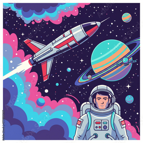 Modern Vector Illustration of an Astronaut in a Spacesuit Standing in Deep Space with a Large Rocket Ship Flying, a Ringed Saturn Planet, and Psychedelic Pink and Blue Nebula Clouds on a Starry