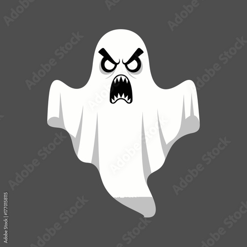 A cartoon ghost with an angry expression floats against a dark gray background, perfect for Halloween-themed designs or spooky illustrations.