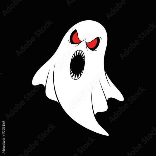 A menacing cartoon ghost with glowing red eyes and a wide, toothy scream floats eerily against a stark black background, embodying fright.