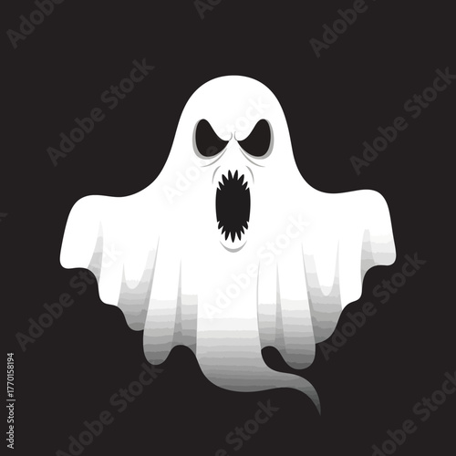 A spooky white ghost with a menacing expression floats against a dark background, perfect for Halloween-themed designs and ghostly illustrations, evoking fear.
