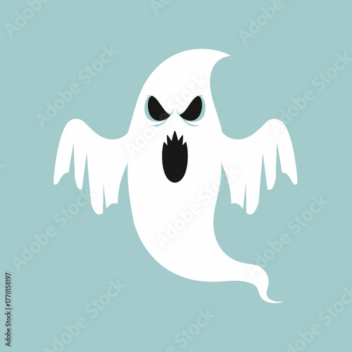A spooky cartoon ghost with a menacing expression floats eerily against a pale blue background, perfect for Halloween themes.