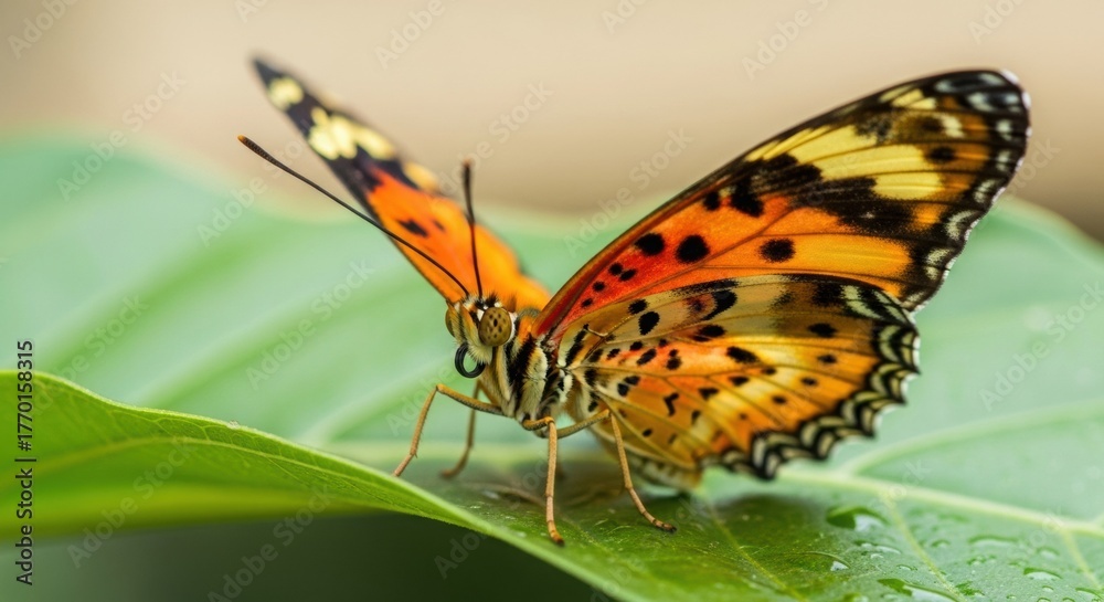 Obraz premium Close-up of vibrant orange butterfly resting on green leaf in natural light, macro photography.