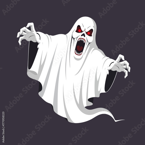 A scary, screaming ghost with glowing red eyes and sharp claws emerges from the darkness, embodying Halloween fright and supernatural terror.