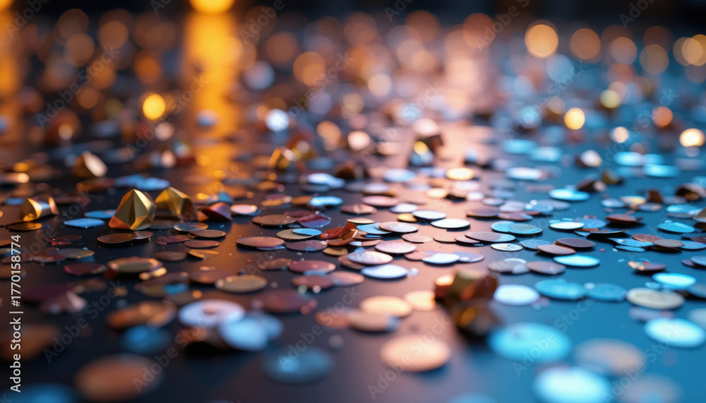 Fototapeta premium Mesmerizing close up of scattered metallic confetti and geometric shapes on reflective surface, illuminated by warm ambient lighting, creating festive and elegant atmosphere