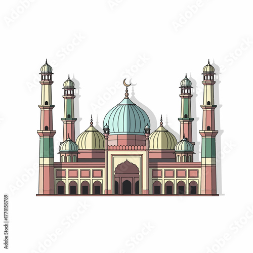 A colorful vector illustration of a traditional South Indian Hindu temple gopuram on a plain background.