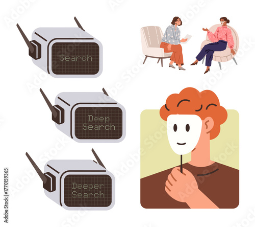 Retro search devices labeled search, deep search, deeper search, two women having a conversation, person holding a mask. Ideal for authenticity, identity, trust, introspection self-discovery