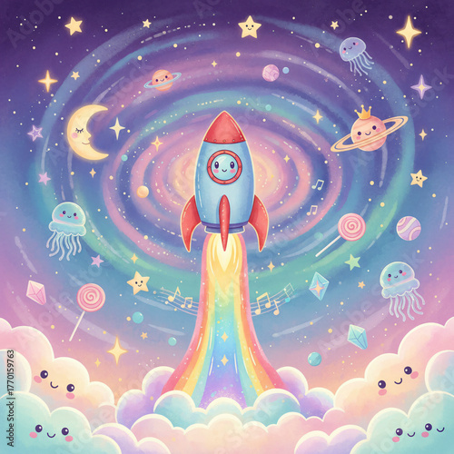 Adorable Kawaii Cartoon Rocket Launching with a Rainbow Trail through Sweet Pastel Clouds, into a Dreamy Space Scene with Smiling Planets, Crowned Saturn, Jellyfish, Candies, Music Notes, and a Galaxy