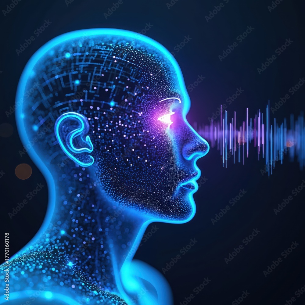 Obraz premium Digital human head with glowing circuit patterns and sound wave visualization. Abstract AI mind processing audio data, futuristic tech concept art.