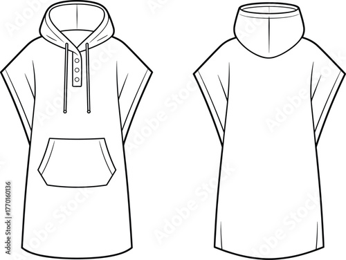 Cad drawing, flat vector illustration, hooded poncho, kangaroo pocket, button placket, wide sleeves, front view, back view, fashion sketch
