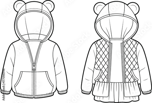 Cad drawing, flat vector illustration, children’s hooded jackets, bear ears, front view, back view, fashion sketch, garment design, outerwear