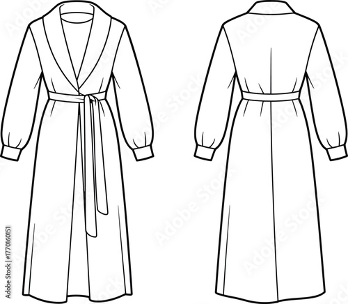 Cad drawing, flat vector illustration, long robe coat, shawl collar, belted waist, front view, back view, fashion sketch, garment design