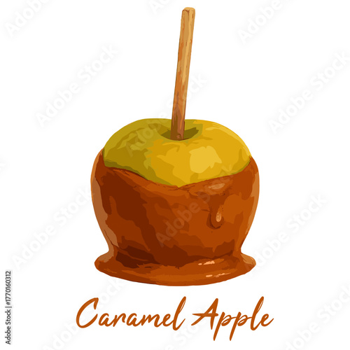 caramel apple candy in watercolor illustration style, isolated vector on transparent background