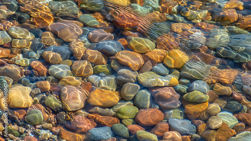 riverbed. Colorful pebbles on a riverbed under clear shallow water with sunlight refraction. ESG reports, sustainability campaigns, designed for environmental awareness campaigns.