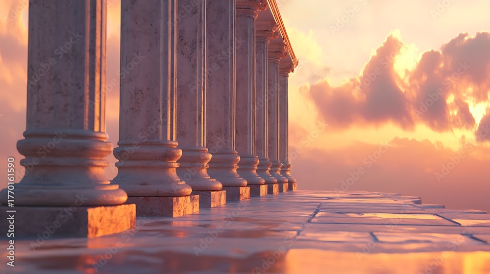 Fototapeta premium Ionic column row under a pastel sky with warm light touching stone edges