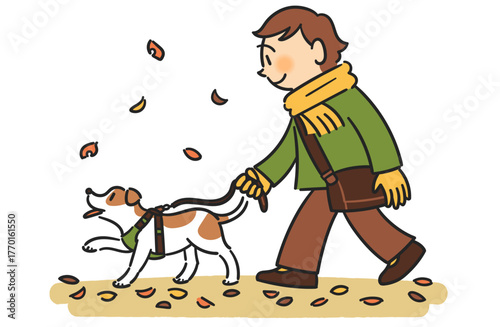 落ち葉と犬を見守る男性