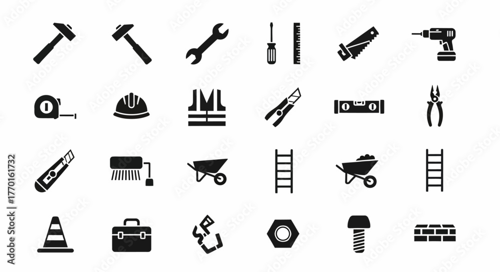 Obraz premium Industrial tool and equipment icon collection. Simple black silhouette vector graphics for construction and building themes